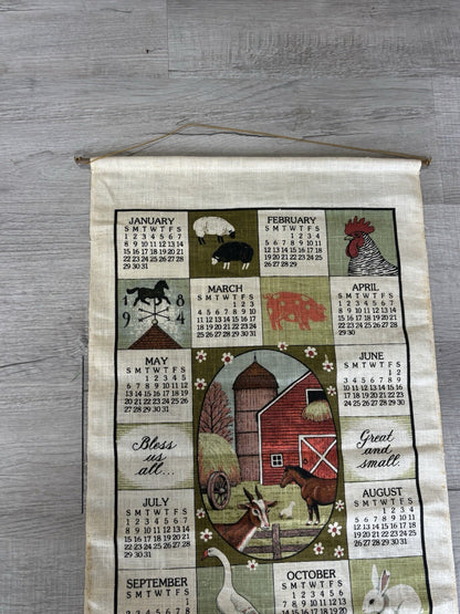 Vintage 1984 Calendar Tea Towel Country Barn Chickens Farm Animals Linen